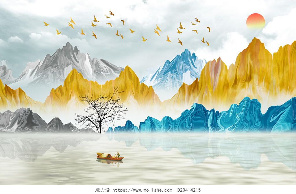灰金色手绘新中式山水风景装饰版画原创插画海报背景